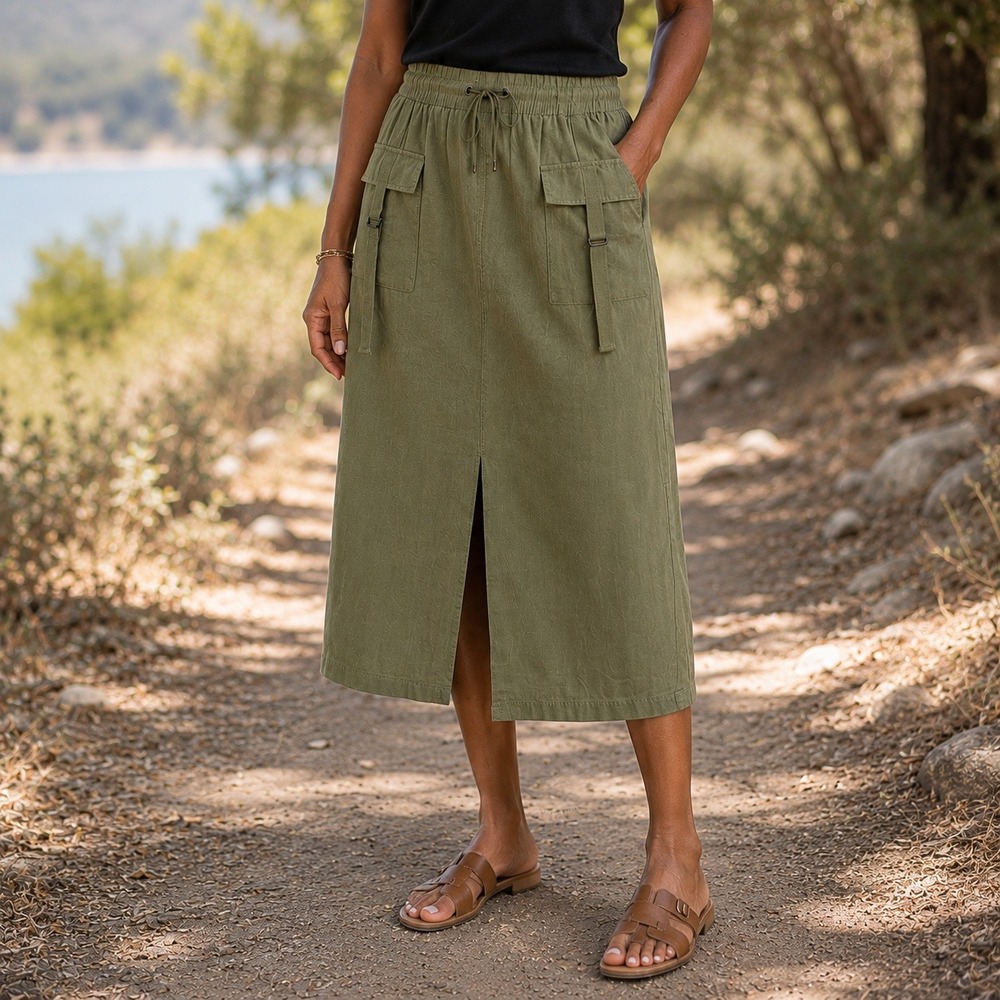 Nicole Miller Skirt Green Linen Cargo Midi Utility Drawstring Gorpcore Sz L